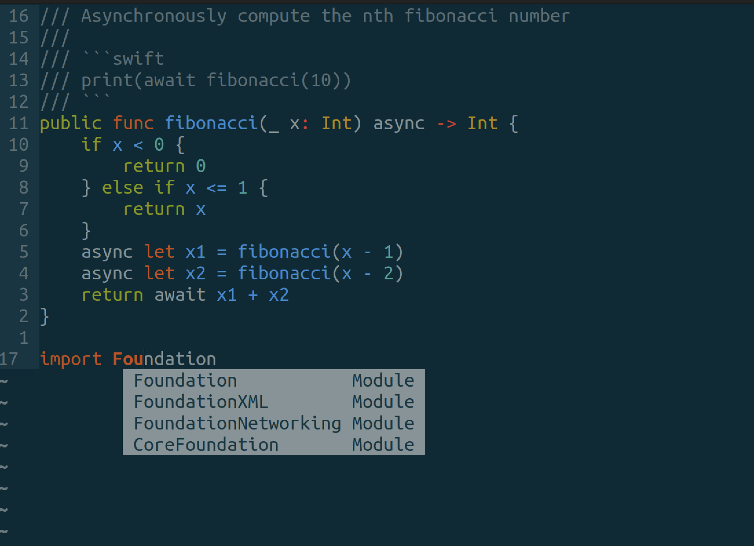 LSP-driven autocomplete completing the Foundation module